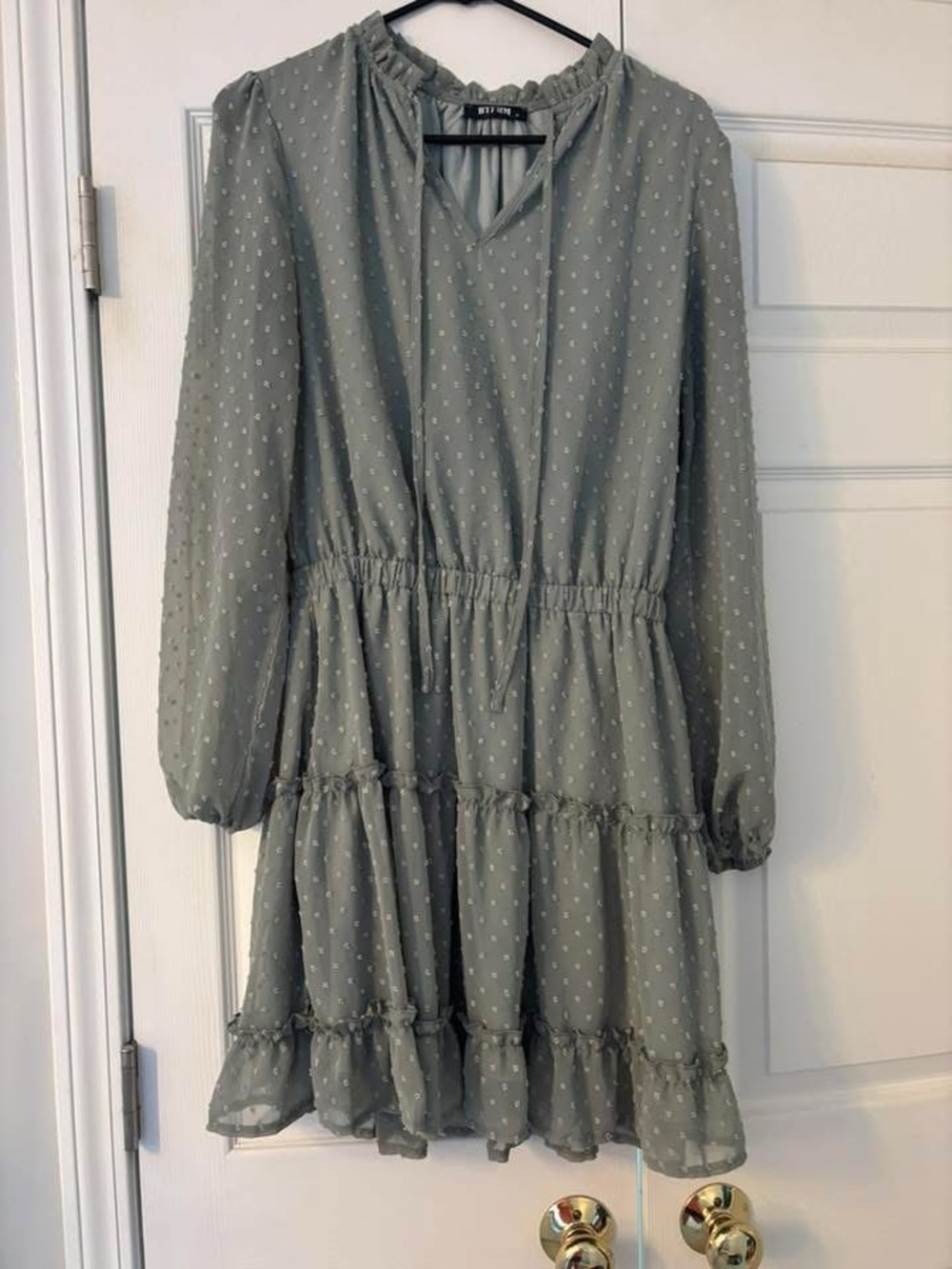Green Swiss Dot Tiered Long Sleeve Dress